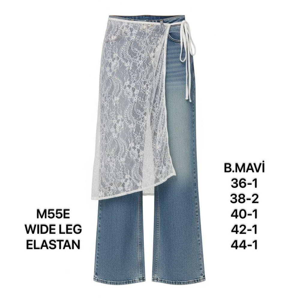 Kadın Buz Mavi Dantelli Yüksek Bel Wide Leg Jean Pantolon-26Y01M55E-24