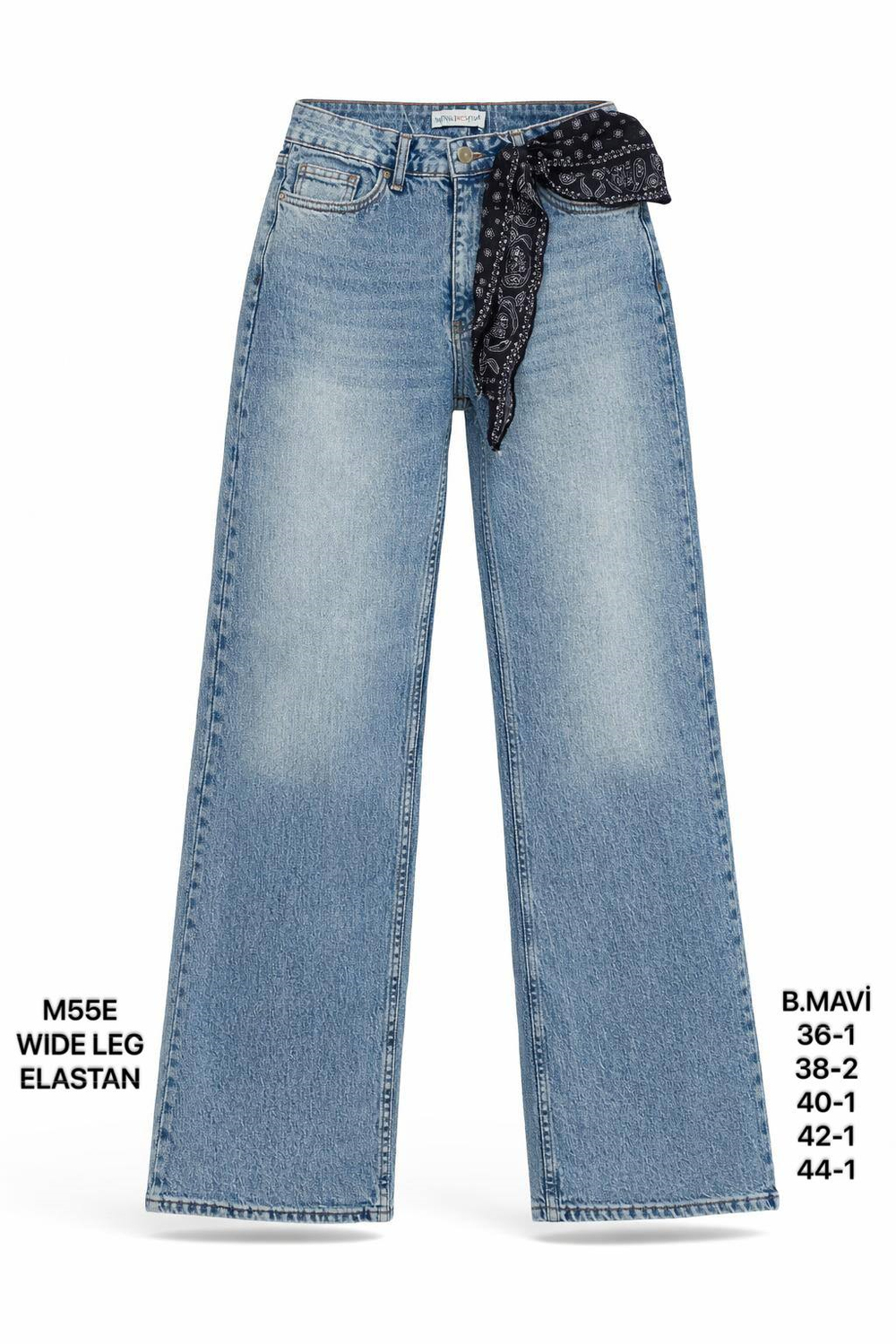 Kadın Buz Mavi Fularlı Yüksek Bel Wide Leg Jean Pantolon-26Y01M55E-7