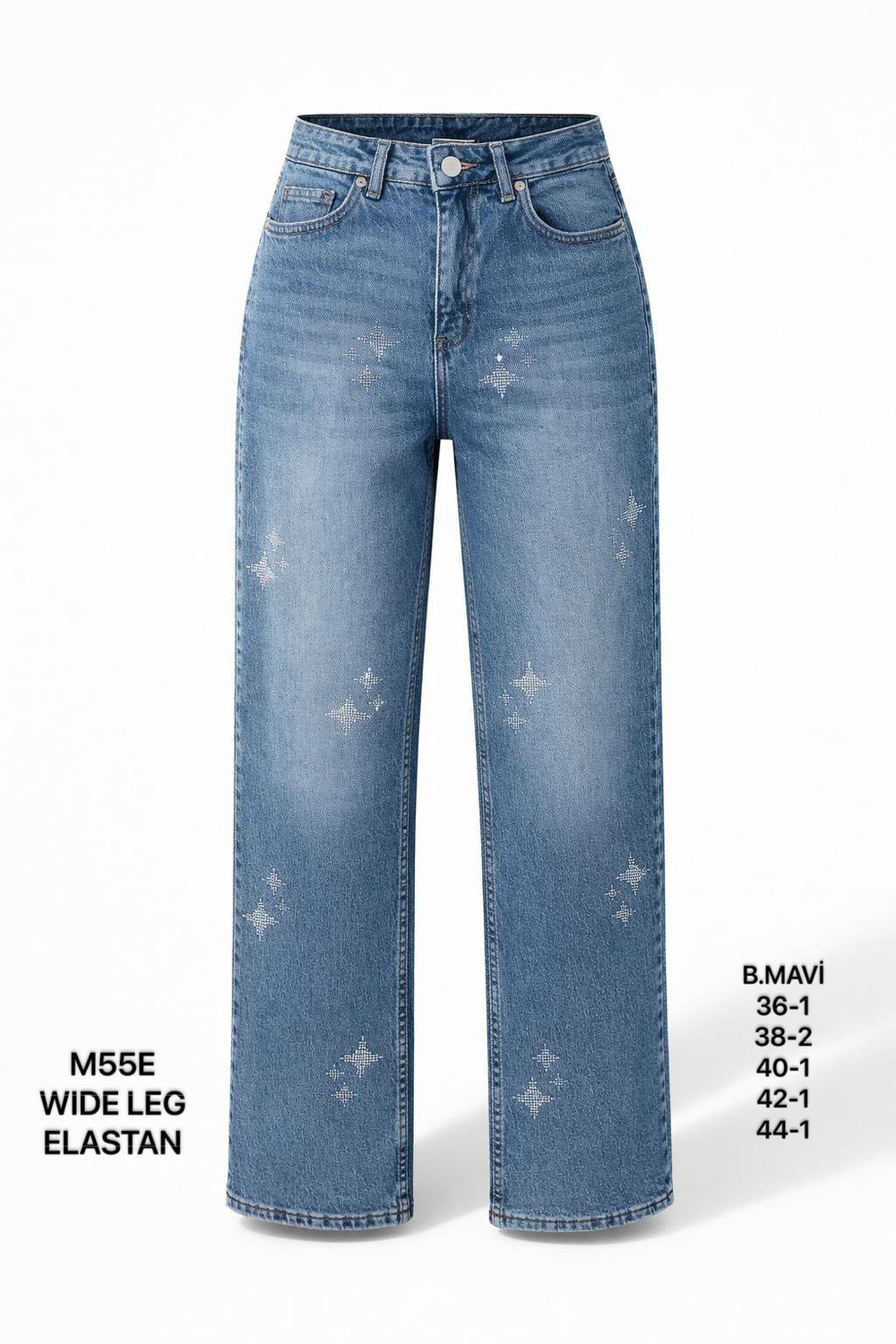 Kadın Buz Mavi Taş Detaylı Yüksek Bel Wide Leg Jean Pantolon-26Y01M55E-1