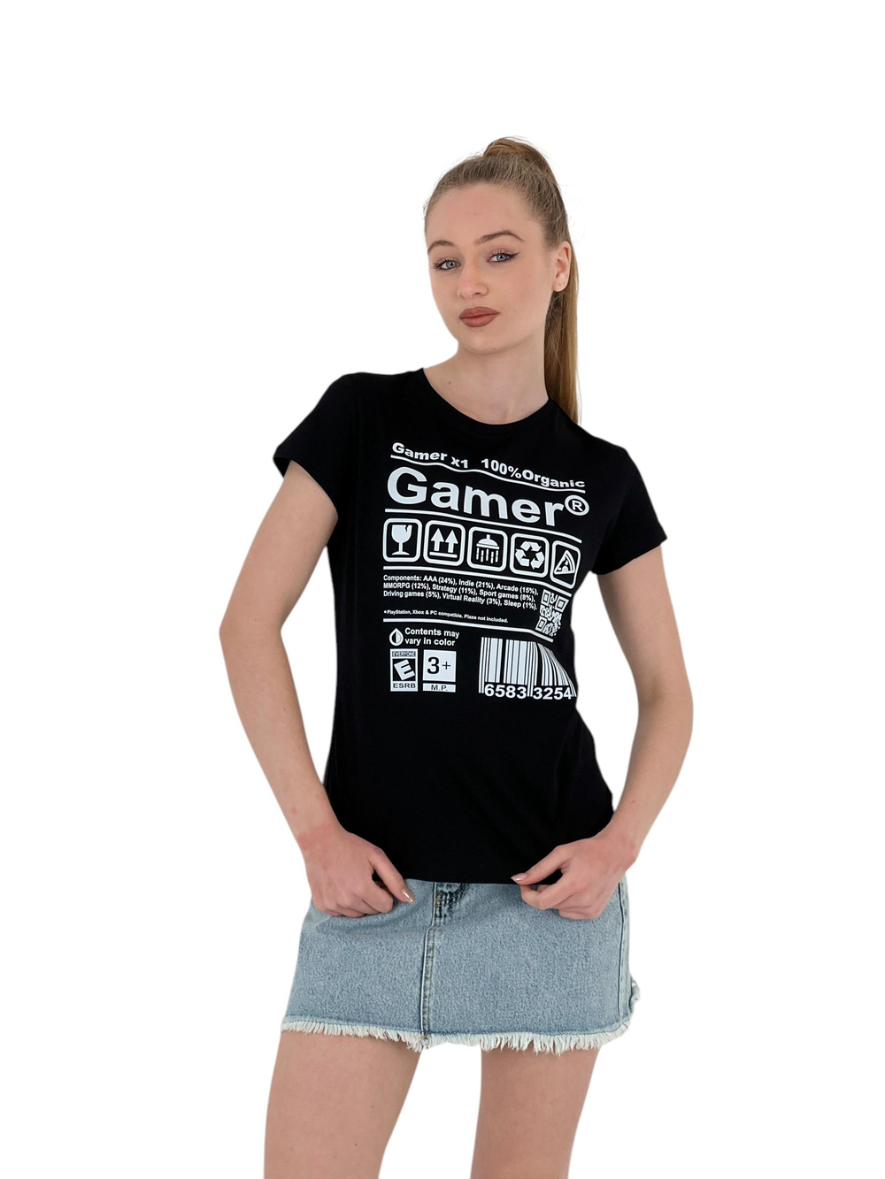 Kadın Gamer Baskılı Kısa Kollu Yazlık Beyaz Tişört
