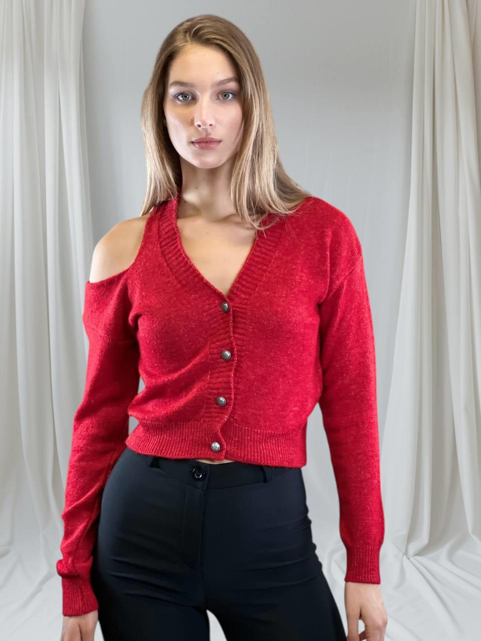 Kadın Kırmızı V Yaka Triko Hırka 
