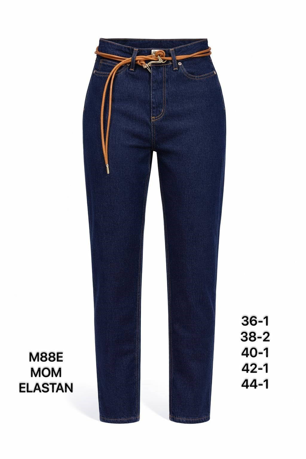 Kadın Lacivert Kemer Detaylı Yüksek Bel Mom Jean Pantolon-M88E-17