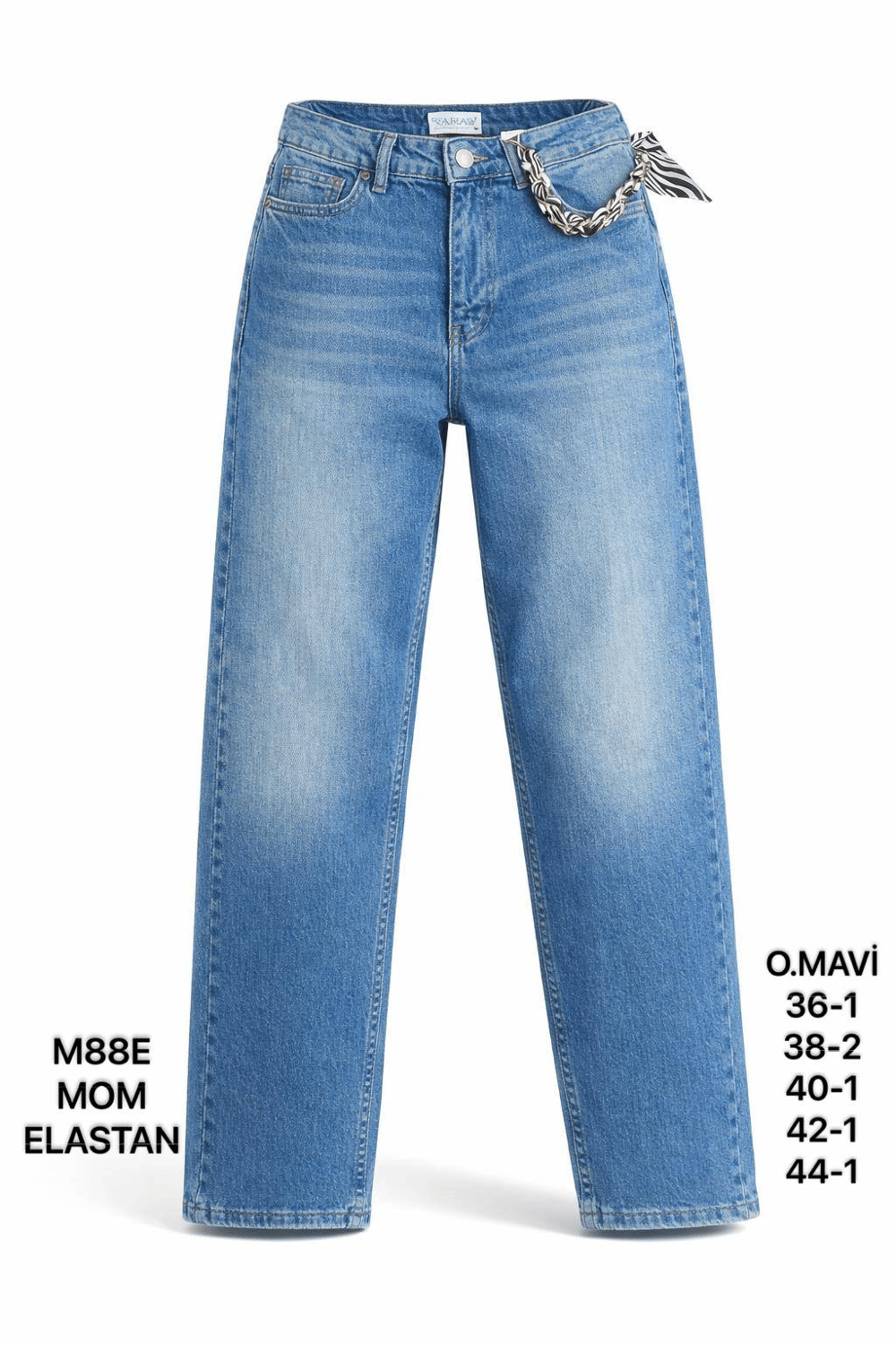 Kadın Mavi Fular Detaylı Yüksek Bel Mom Fit Jean Pantolon-26Y01M88E-8