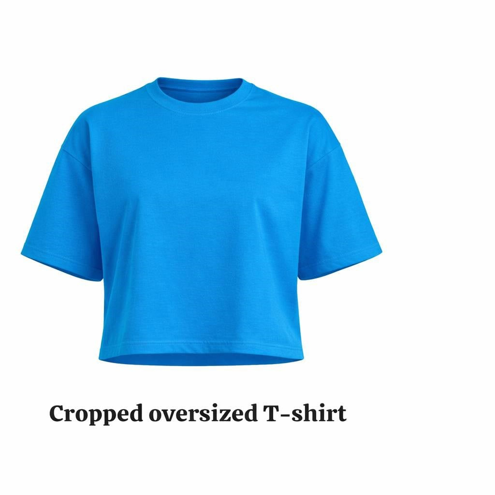 Kadın Mavi Oversize Crop Pamuk T-Shirt-15510