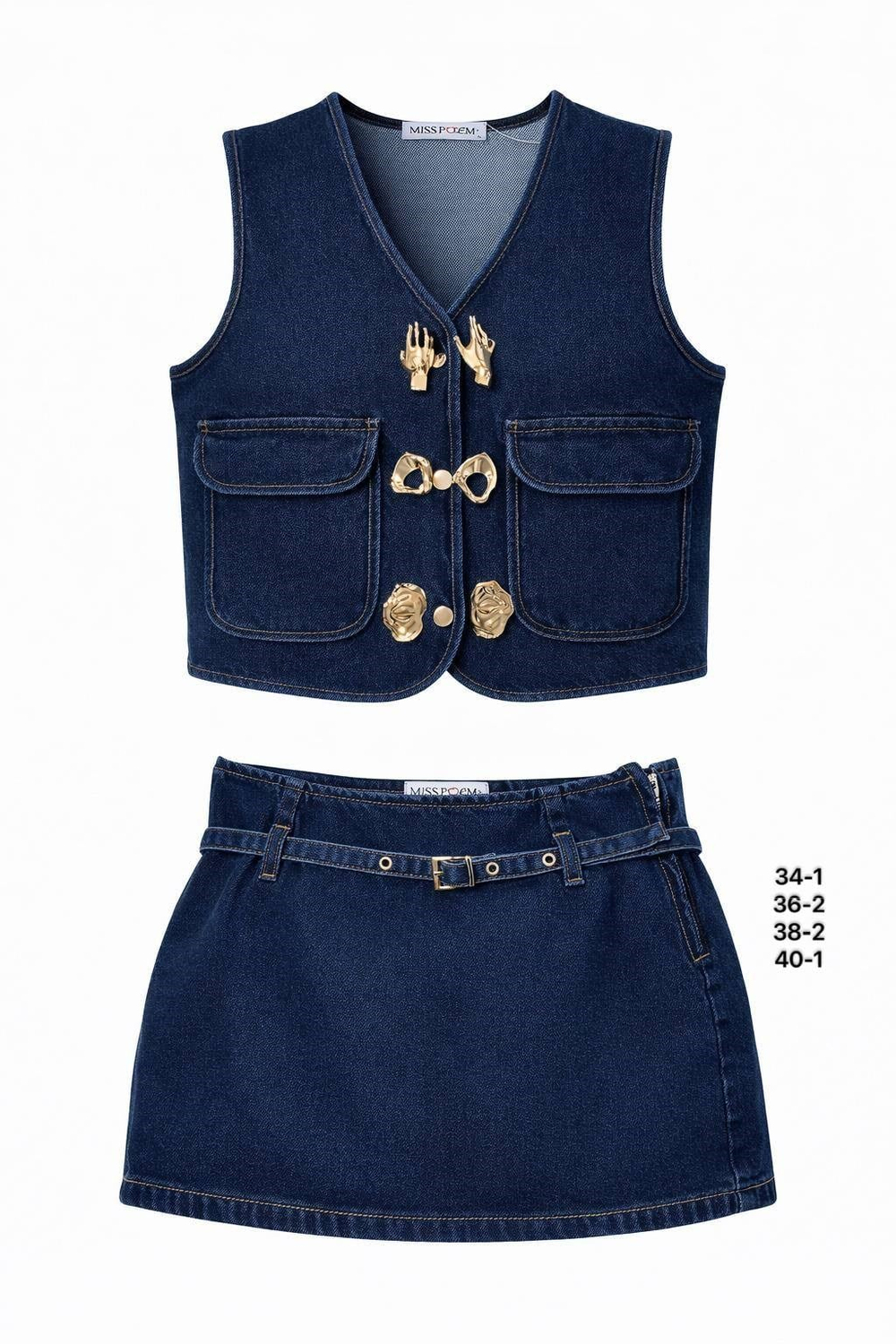 Kadın Metal Aksesuar Cep Detaylı Lacivert Denim Takım-75470-1