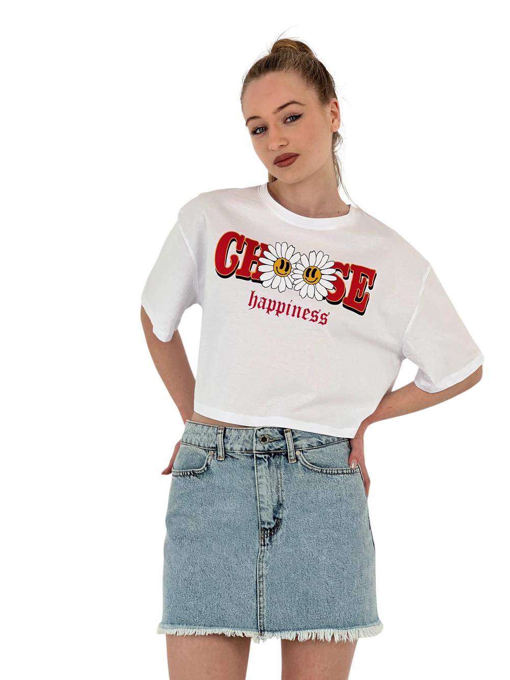 Kadın Oversize Çiçek Baskılı Kısa Gri Crop Tişört