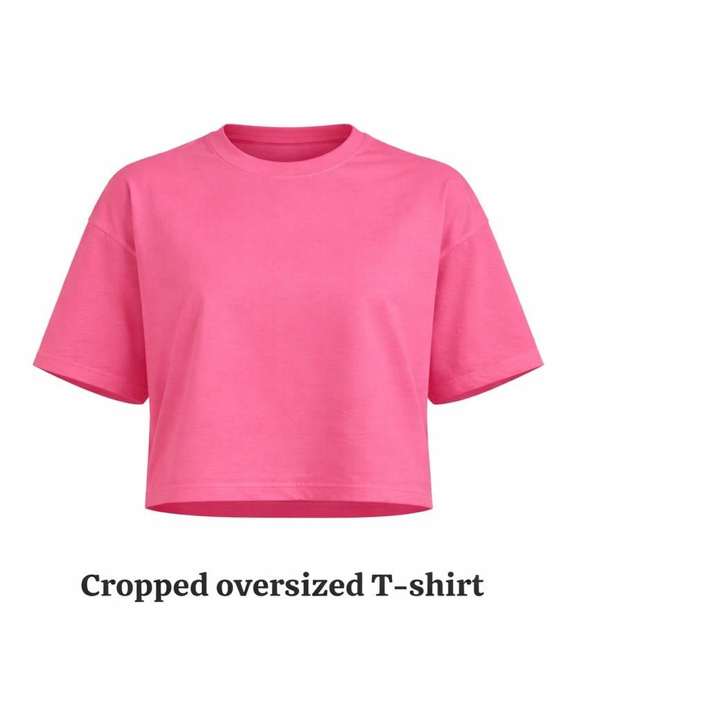 Kadın Pembe Oversize Crop Pamuk T-Shirt-15510