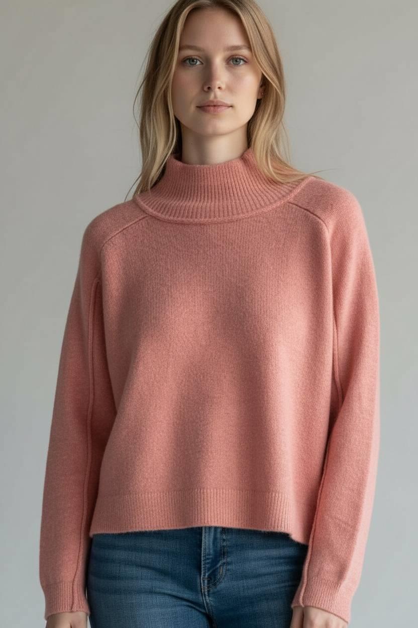 Kadın Rahat Kesim Pembe Balıkçı Yaka Triko Kazak