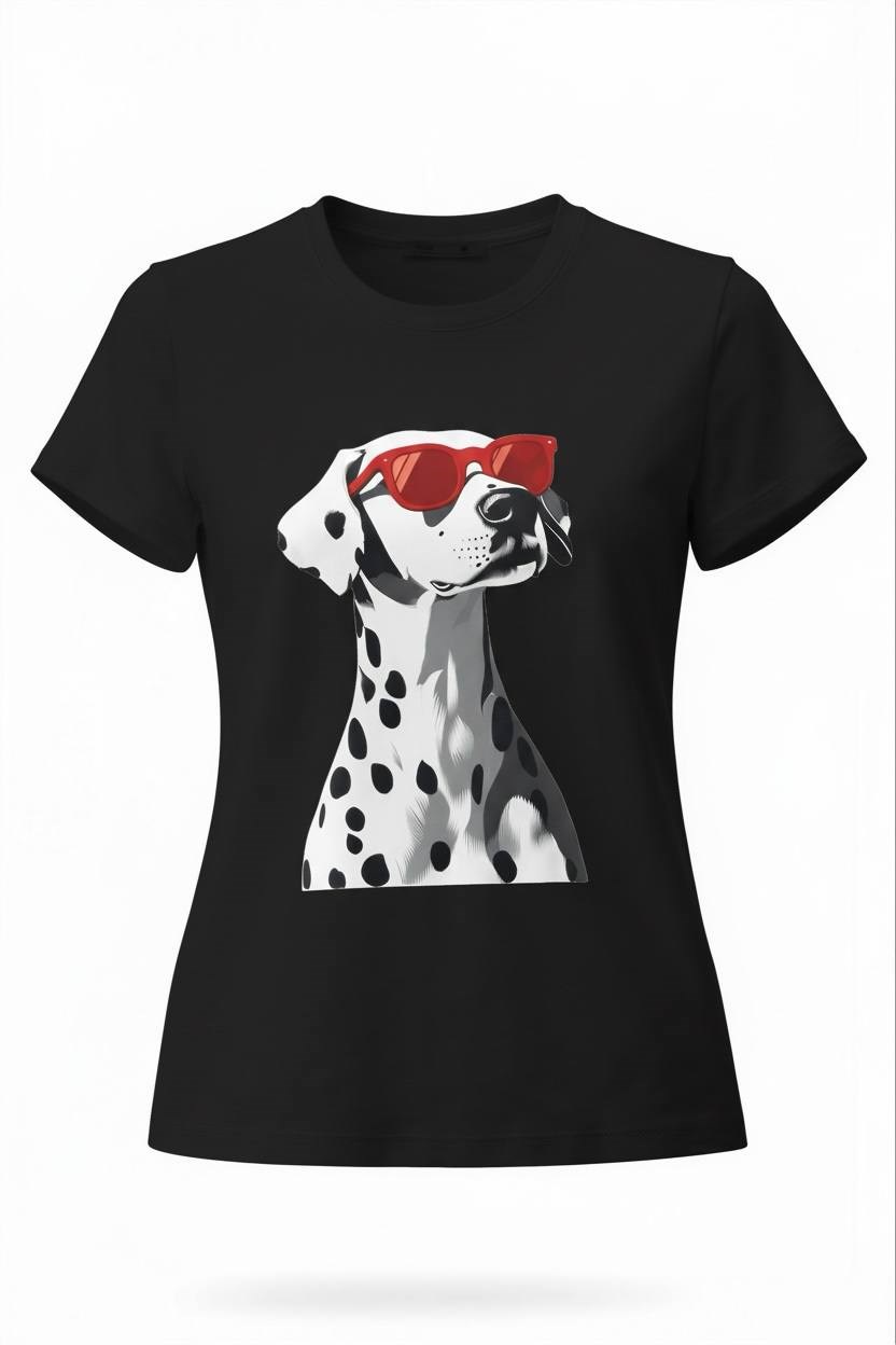 Kadın Siyah Dalmaçyalı Köpek Baskılı Pamuk T-Shirt-15520-5