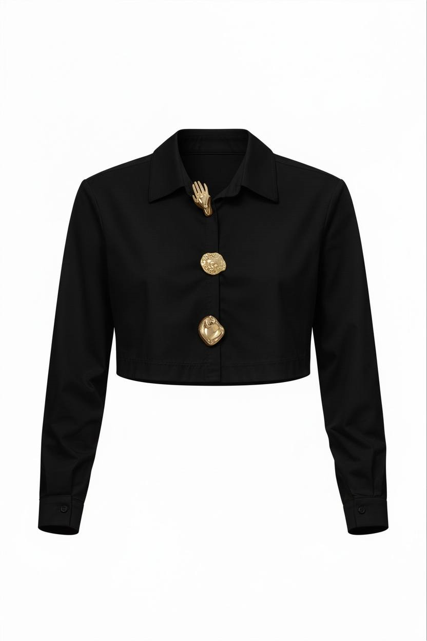 Kadın Siyah Gold Düğme Figür Detaylı Crop Gömlek-26Y0127408X12