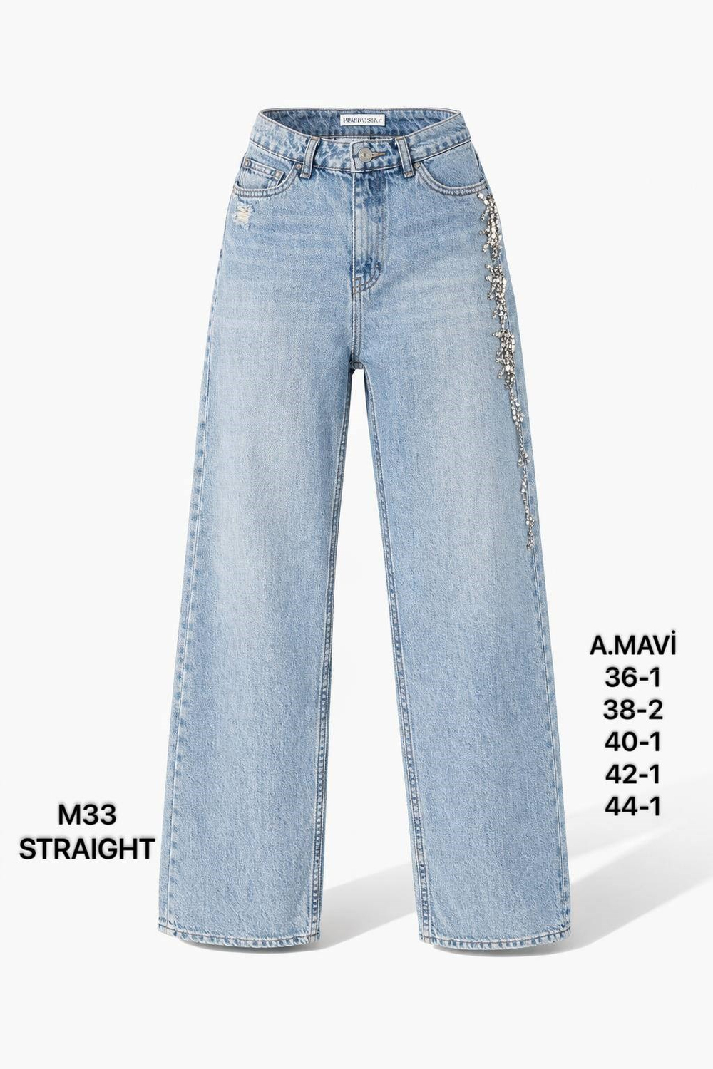 Kadın Taş İşlemeli Straight Açık Mavi Jean Pantolon-M33-11