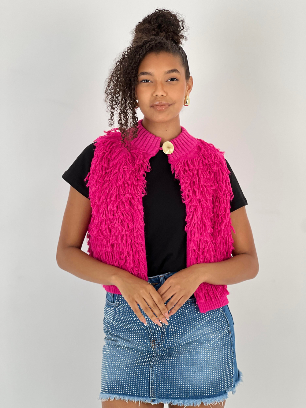 Kadın V Yaka Püsküllü Fuşya Triko Kazak