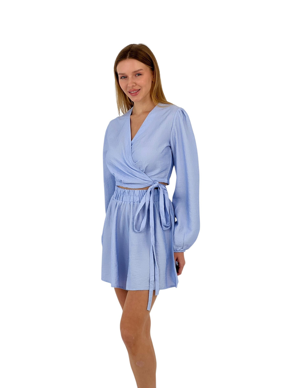 Kadın Yazlık Crop Bluz Mini Şort Alt Üst Camel İkili Takım