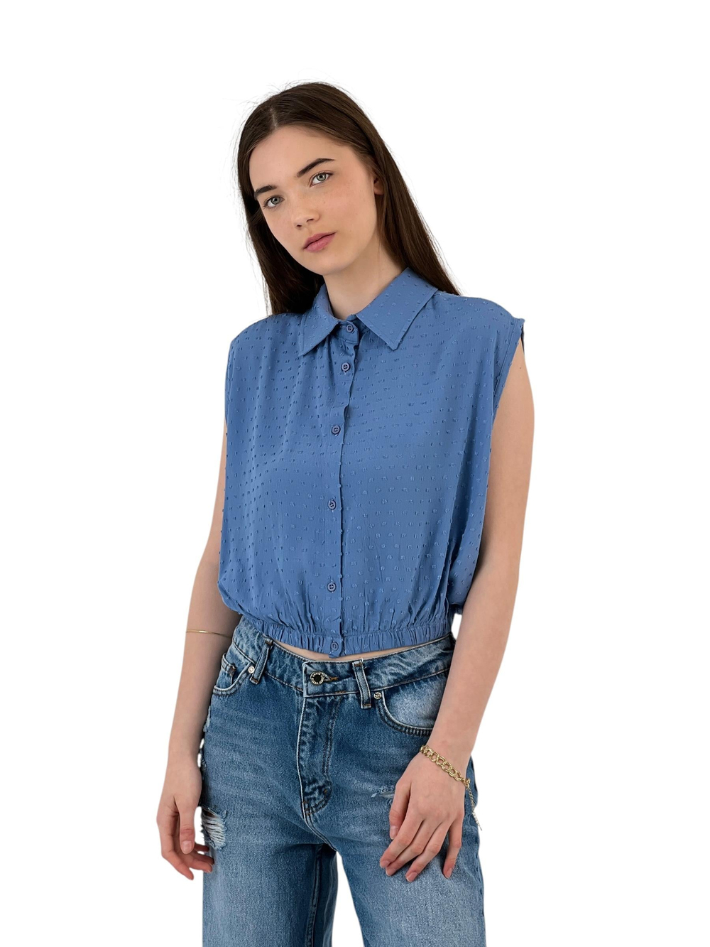 Kadın Yazlık Kolsuz Kısa Crop Lastikli Gömlek