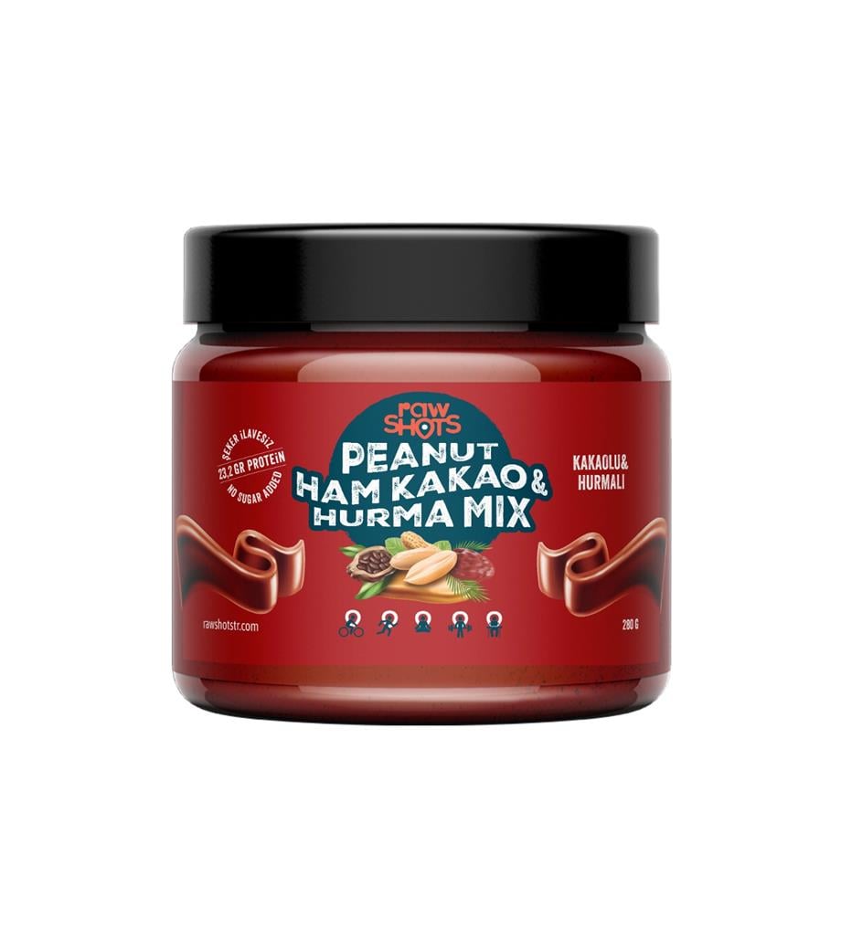 Sağlıklı AtıştırmalıkRawShots PeaNut Ham Kakao & Hurma Mix Yer Fıstığı Ezmesi 280g