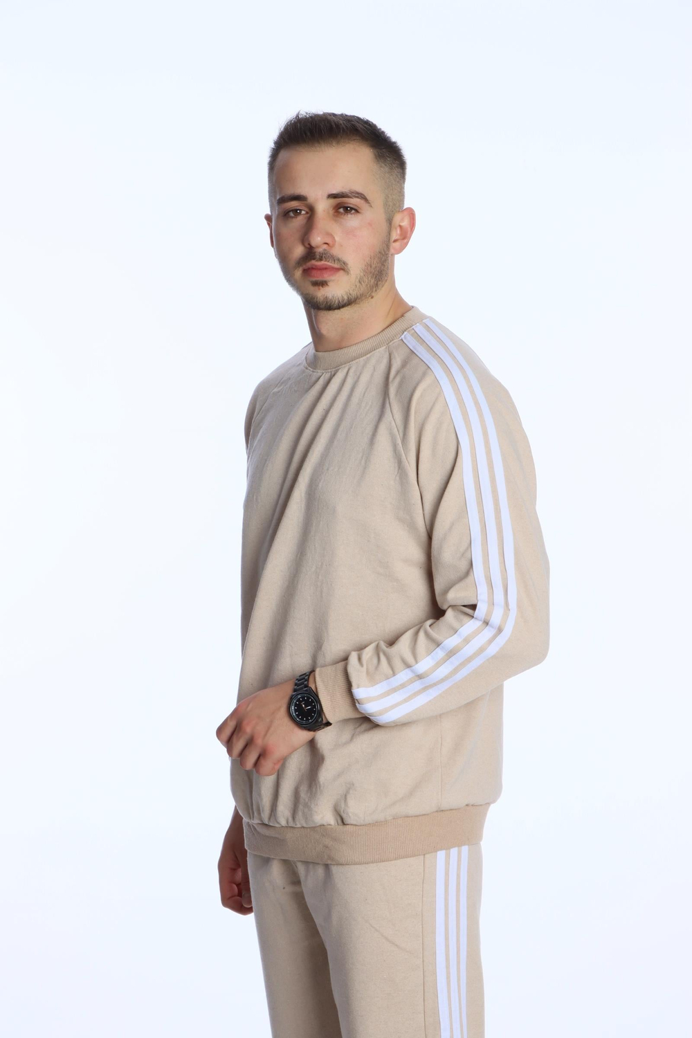 3 Şeritli Sweat Eşofman Takım Krem