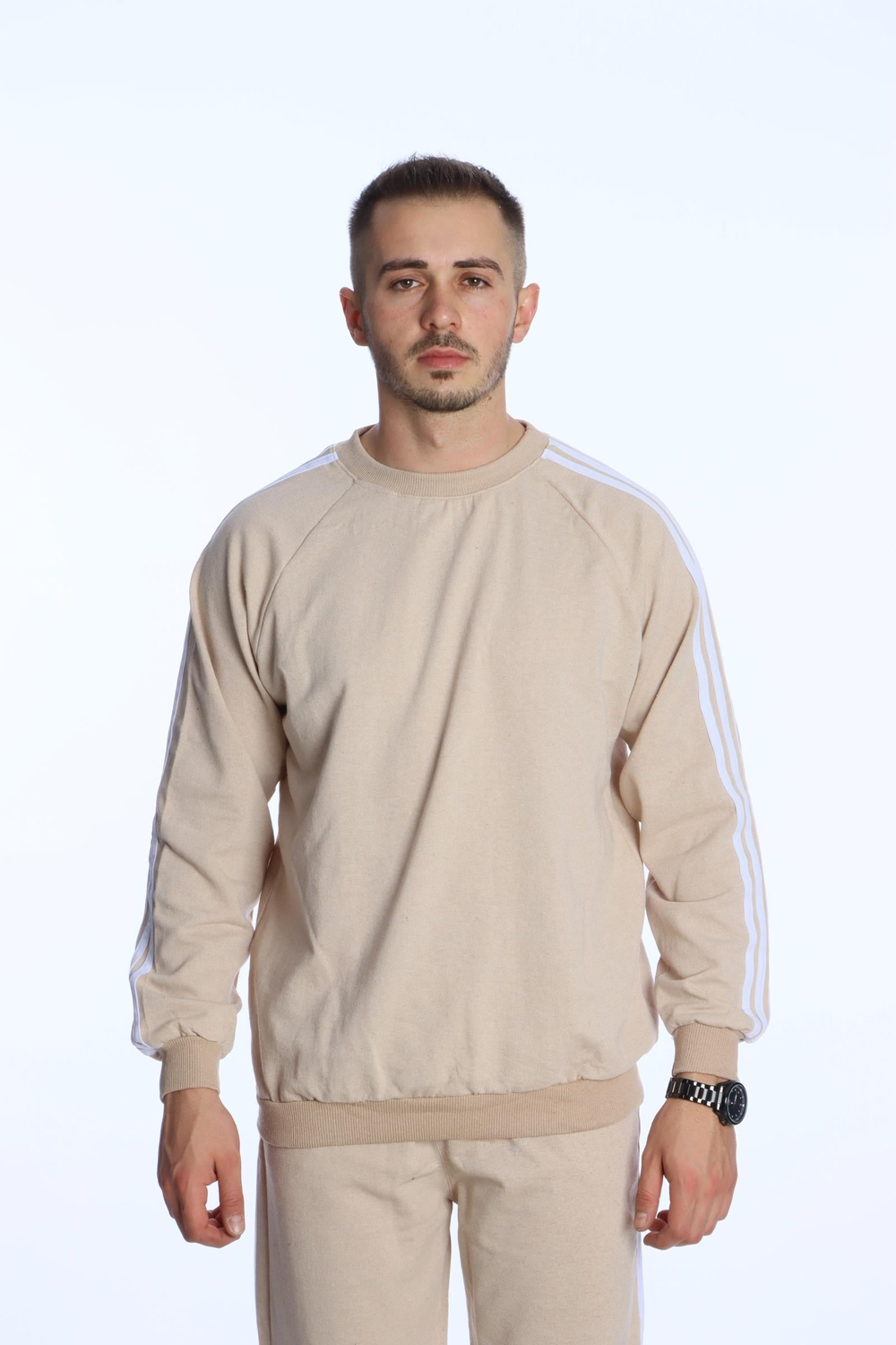 3 Şeritli Sweat Eşofman Takım Krem