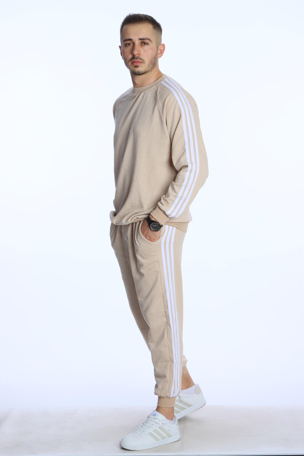 3 Şeritli Sweat Eşofman Takım Krem