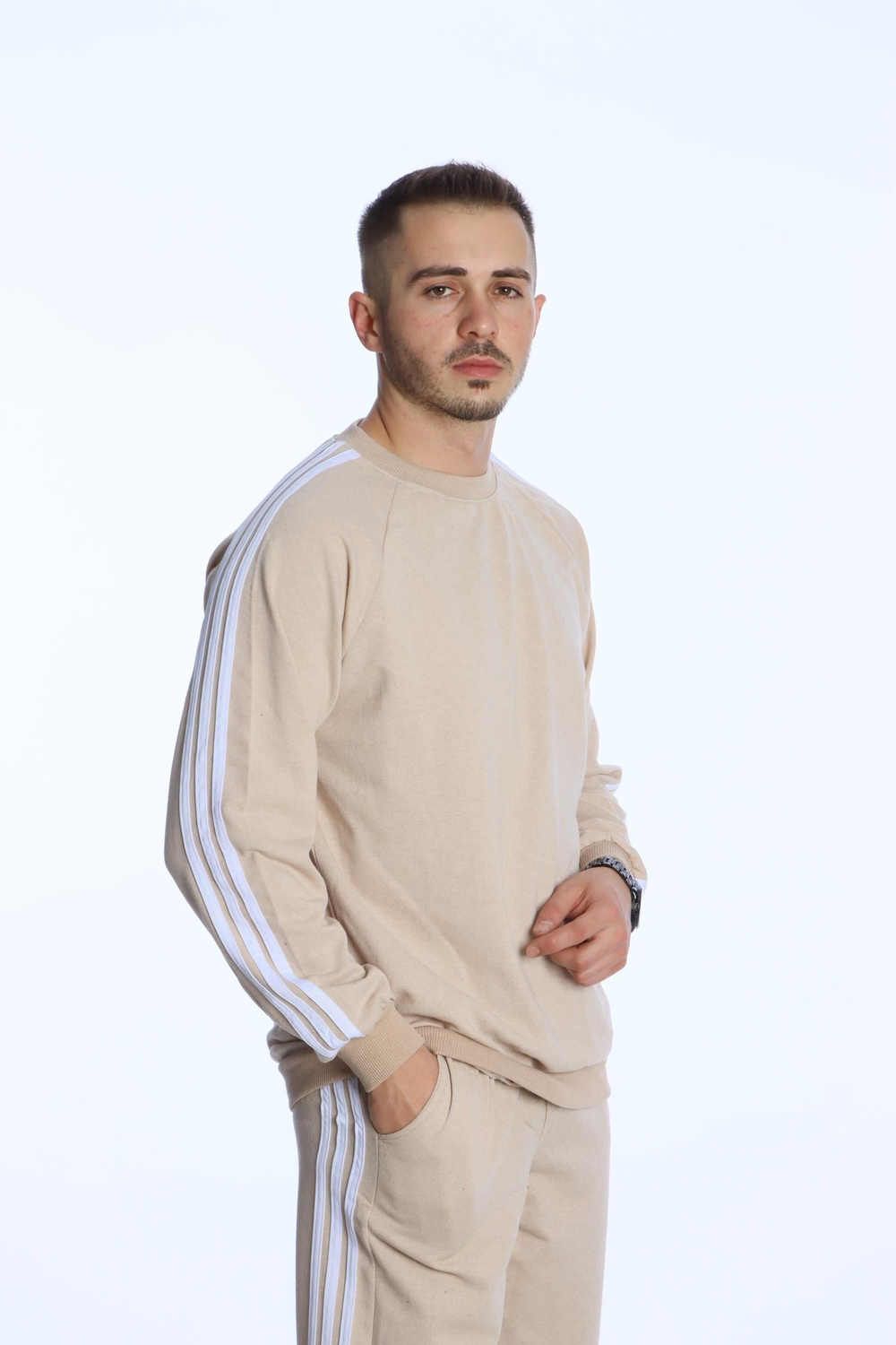3 Şeritli Sweat Eşofman Takım Krem