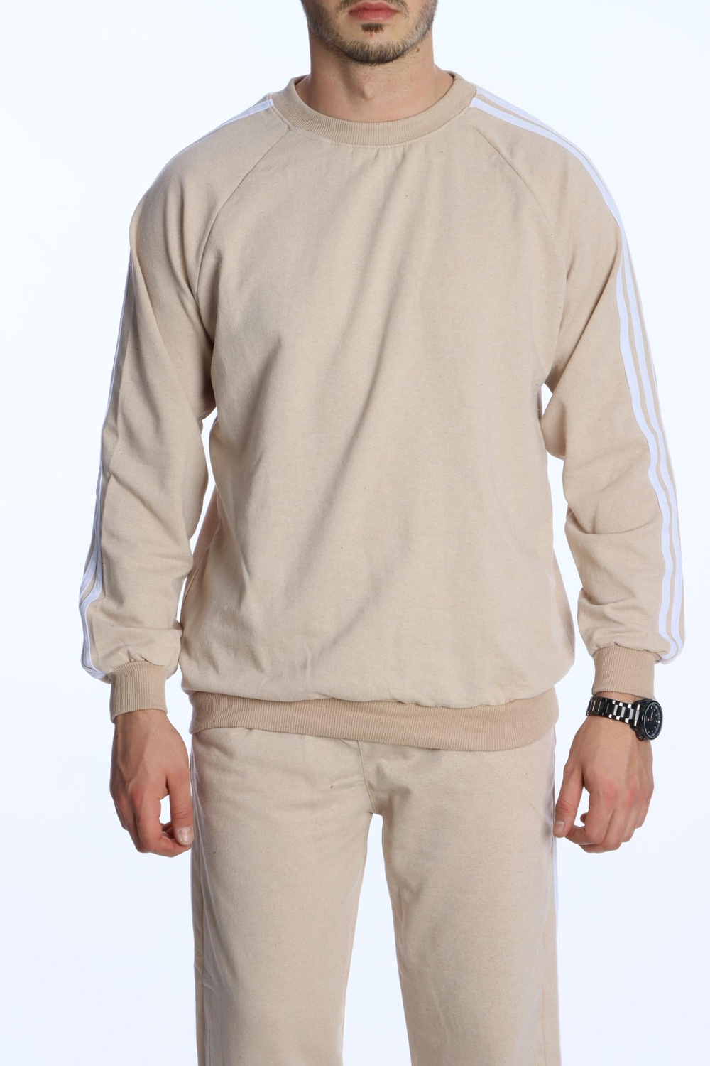 3 Şeritli Sweat Eşofman Takım Krem