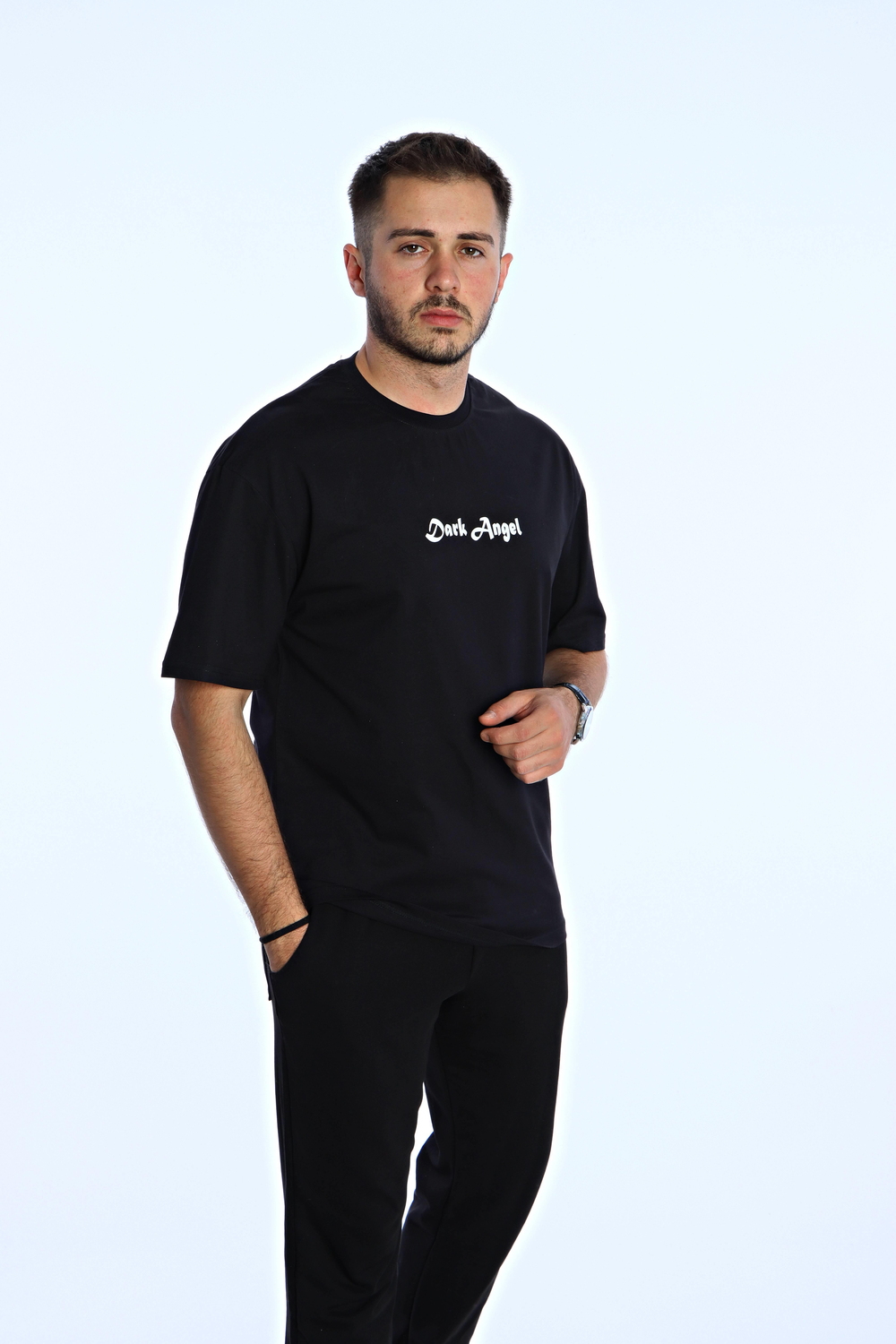 Dark Angel  Baskılı Oversize Tişört Siyah