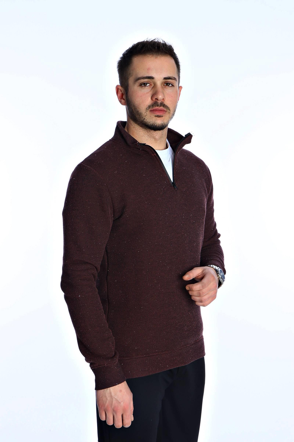 Eg38 Nopeli Şardonlu Yarım Fermuar Sweat Bordo