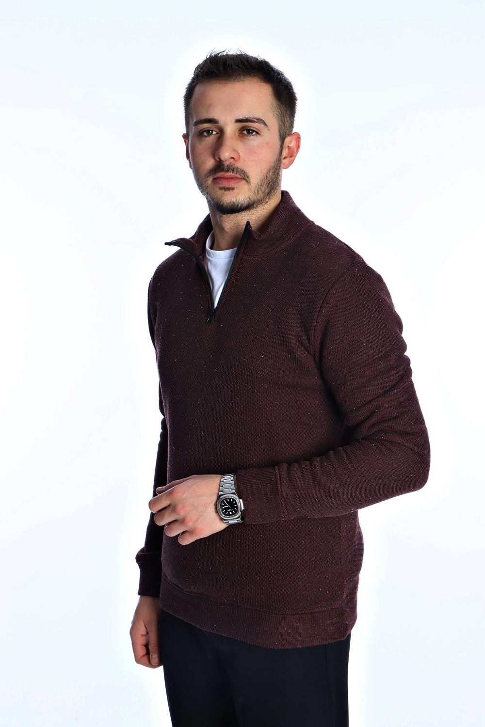 Eg38 Nopeli Şardonlu Yarım Fermuar Sweat Bordo