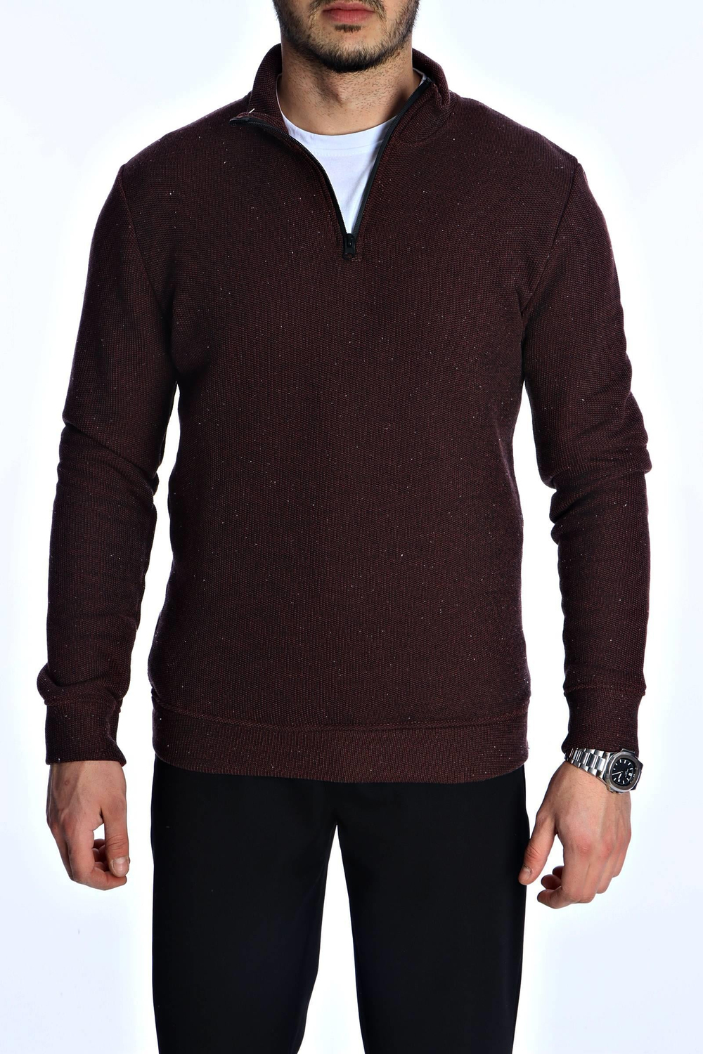 Eg38 Nopeli Şardonlu Yarım Fermuar Sweat Bordo