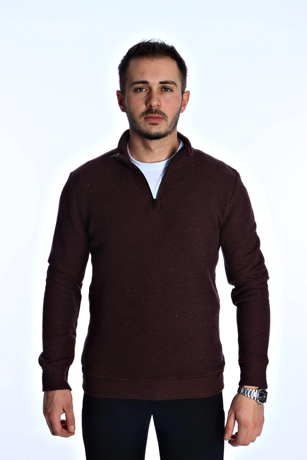 Eg38 Nopeli Şardonlu Yarım Fermuar Sweat Bordo