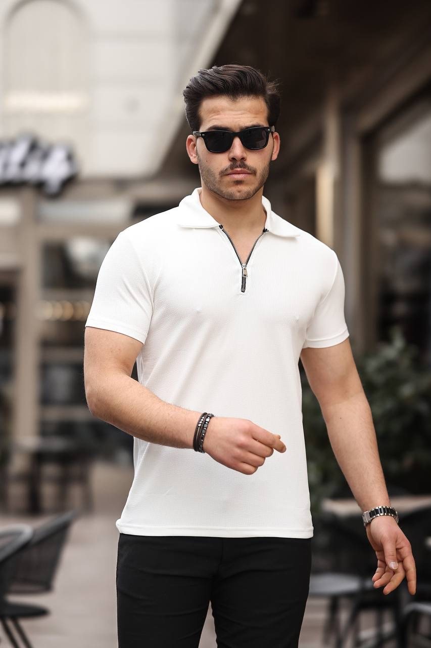 Eg38 Yarım Fermuar Polo Yaka Tşört Beyaz