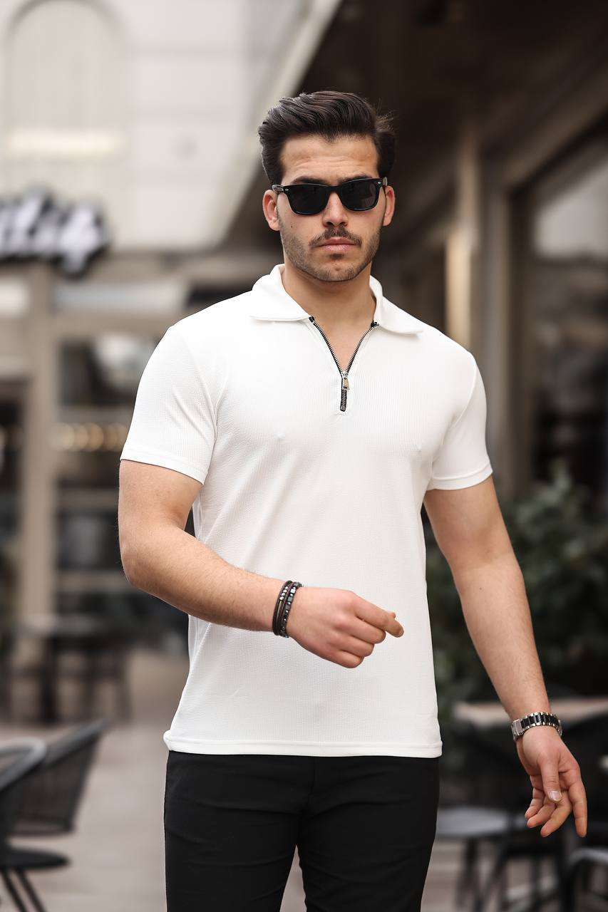 Eg38 Yarım Fermuar Polo Yaka Tşört Beyaz