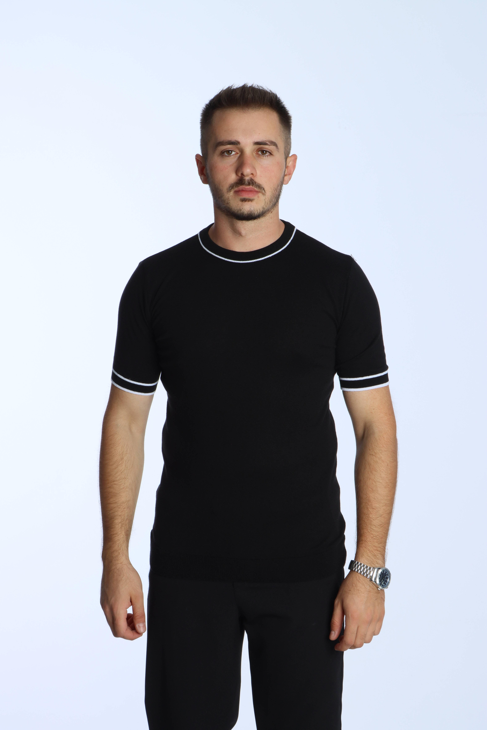 Marco Bisiklet Yaka Çizgili Triko Tshirt Siyah