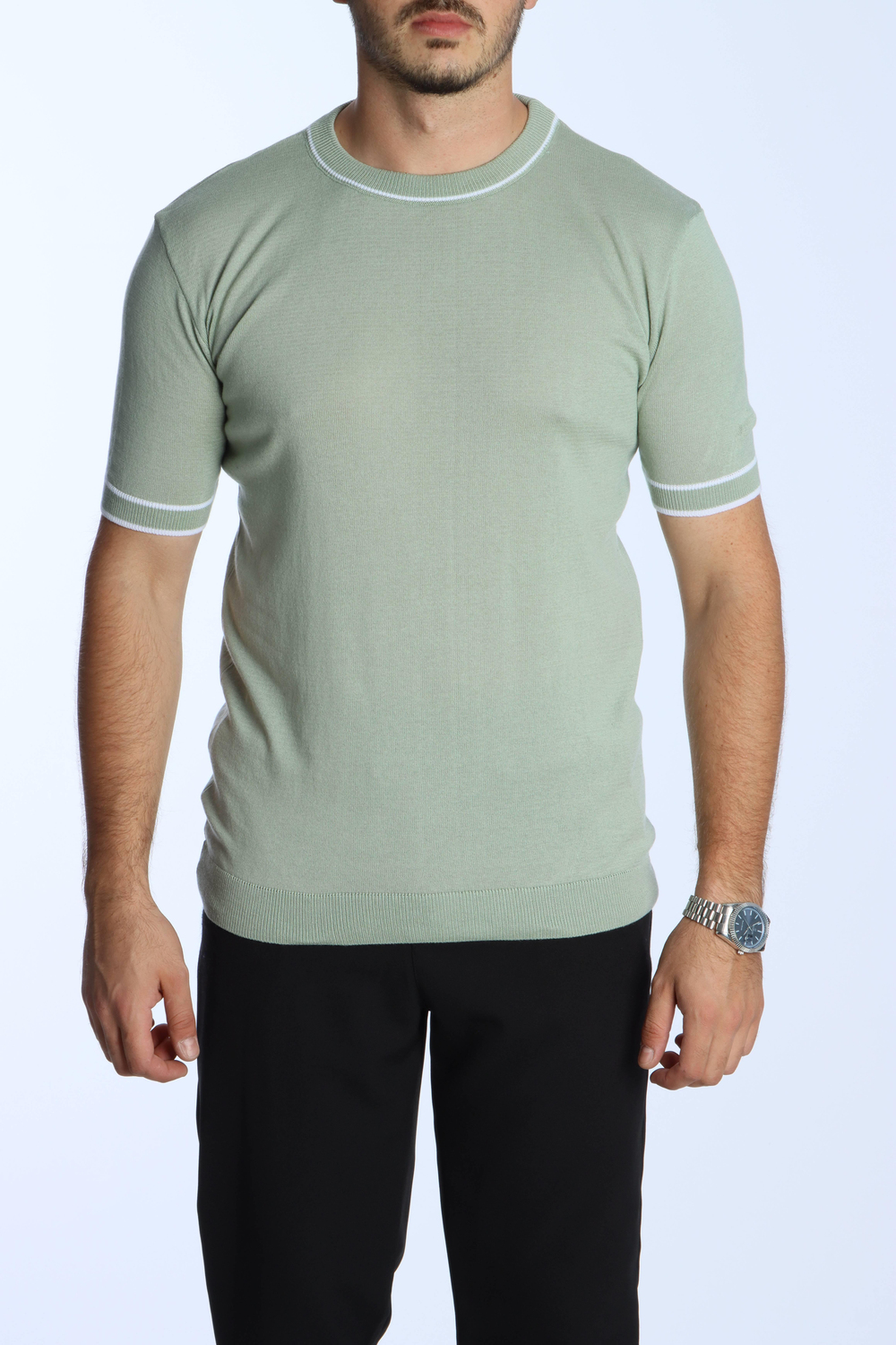 Marco Bisiklet Yaka Çizgili Triko Tshirt Mint Yeşili