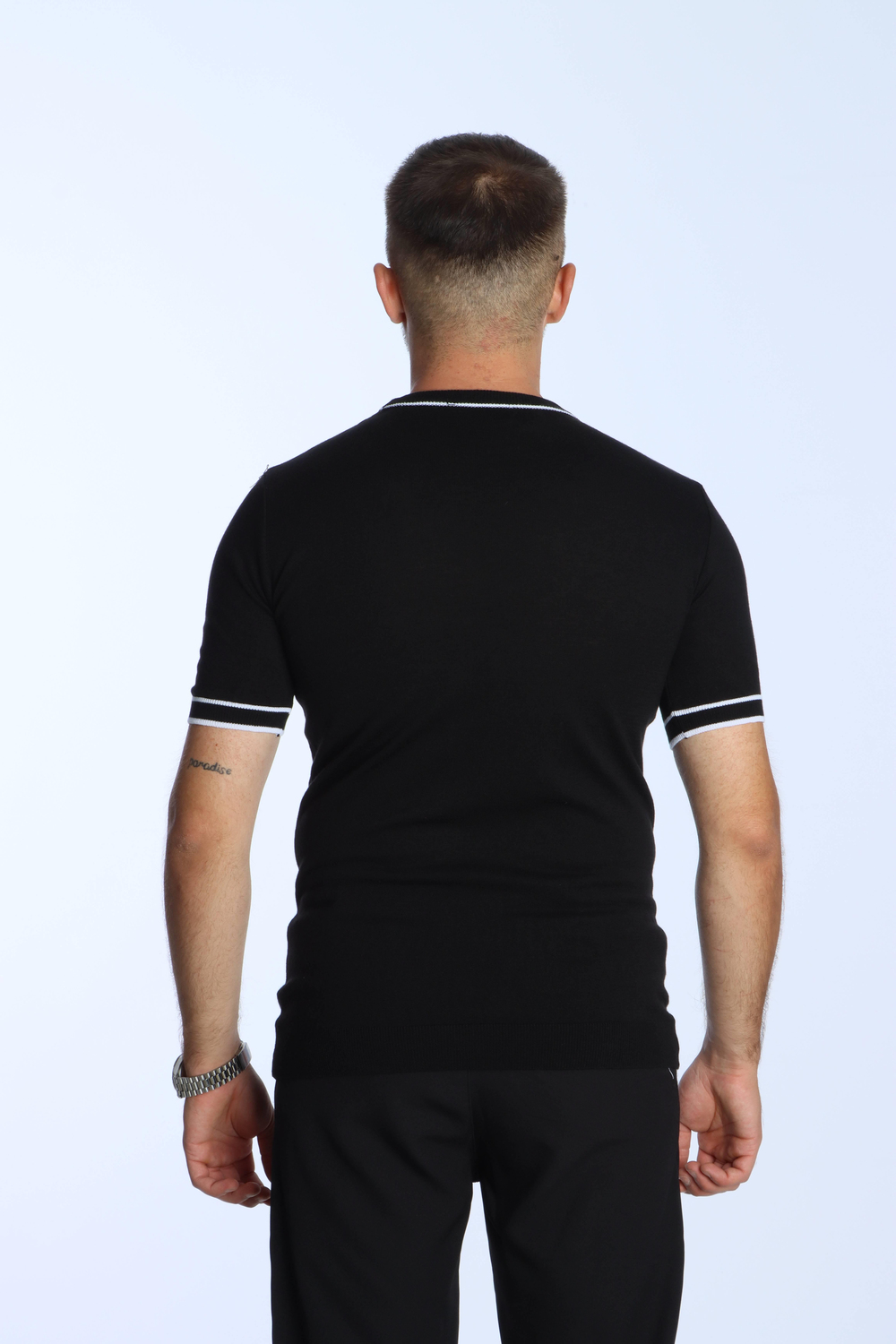 Marco Bisiklet Yaka Çizgili Triko Tshirt Siyah