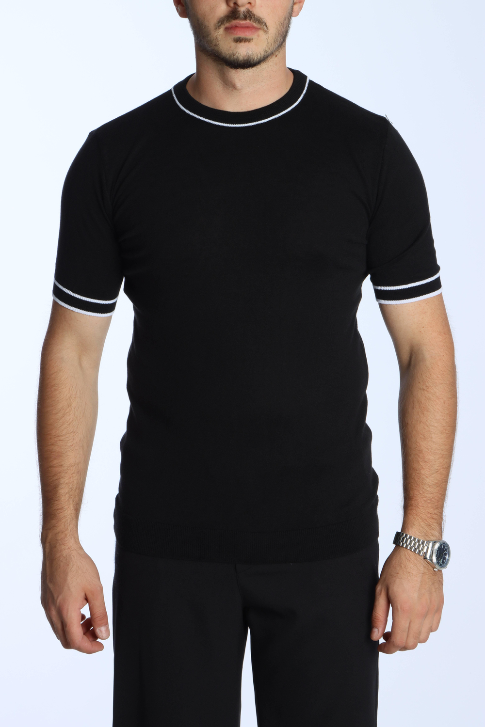 Marco Bisiklet Yaka Çizgili Triko Tshirt Siyah