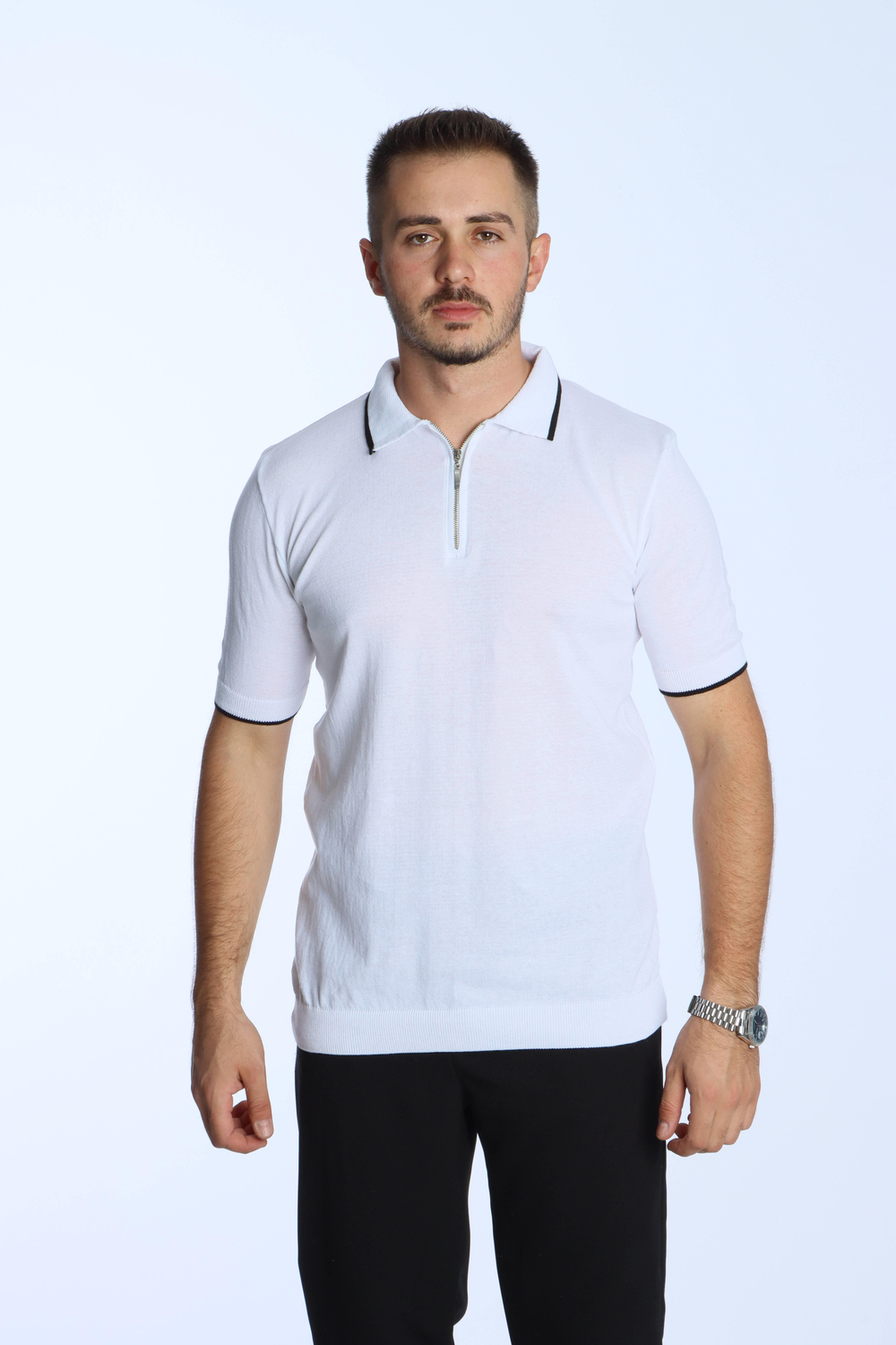 Marco Yakalı Fermuarlı Triko Tshirt Beyaz