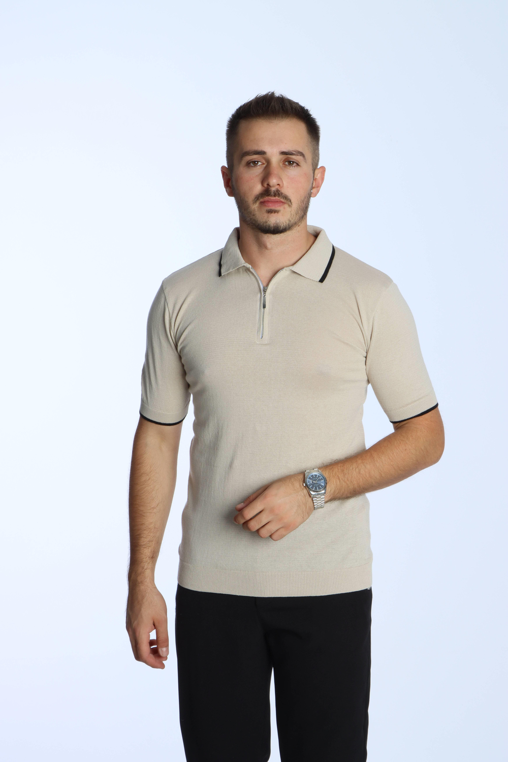 Marco Yakalı Fermuarlı Triko Tshirt Bej