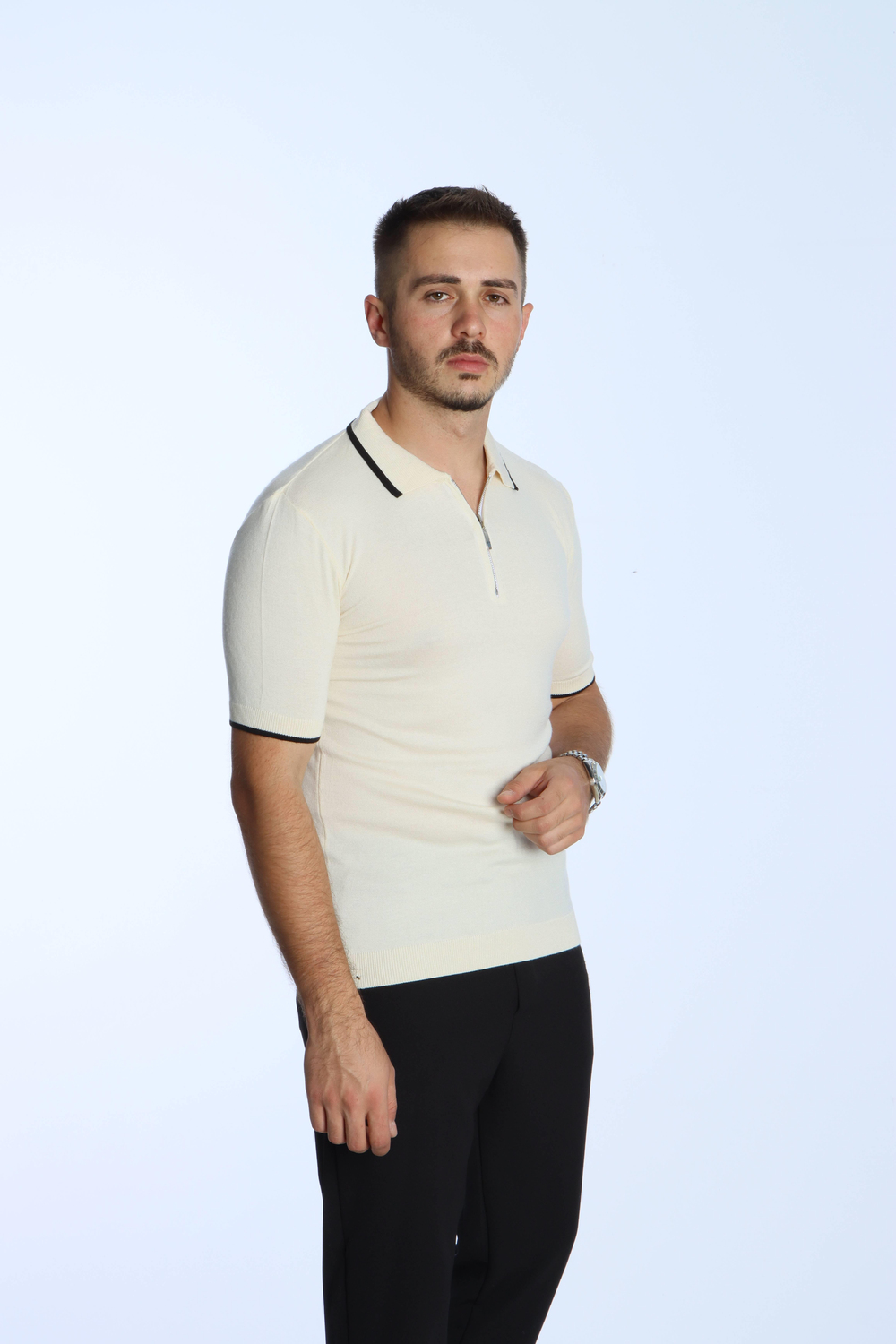 Marco Yakalı Fermuarlı Triko Tshirt Krem