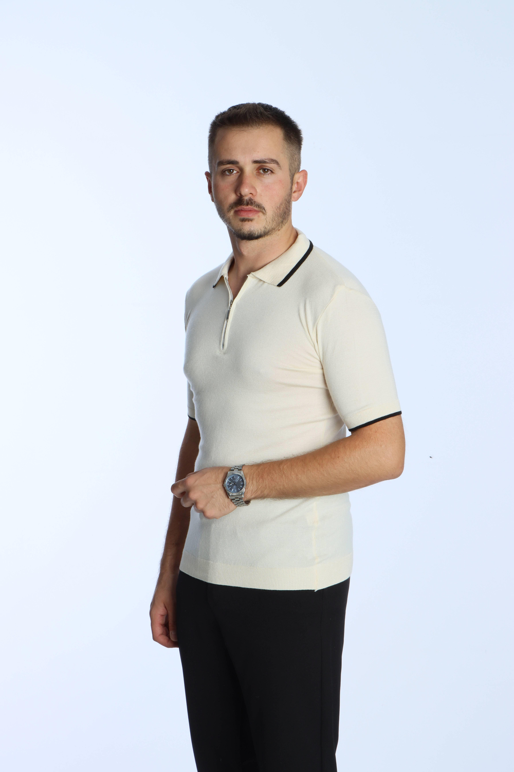 Marco Yakalı Fermuarlı Triko Tshirt Krem