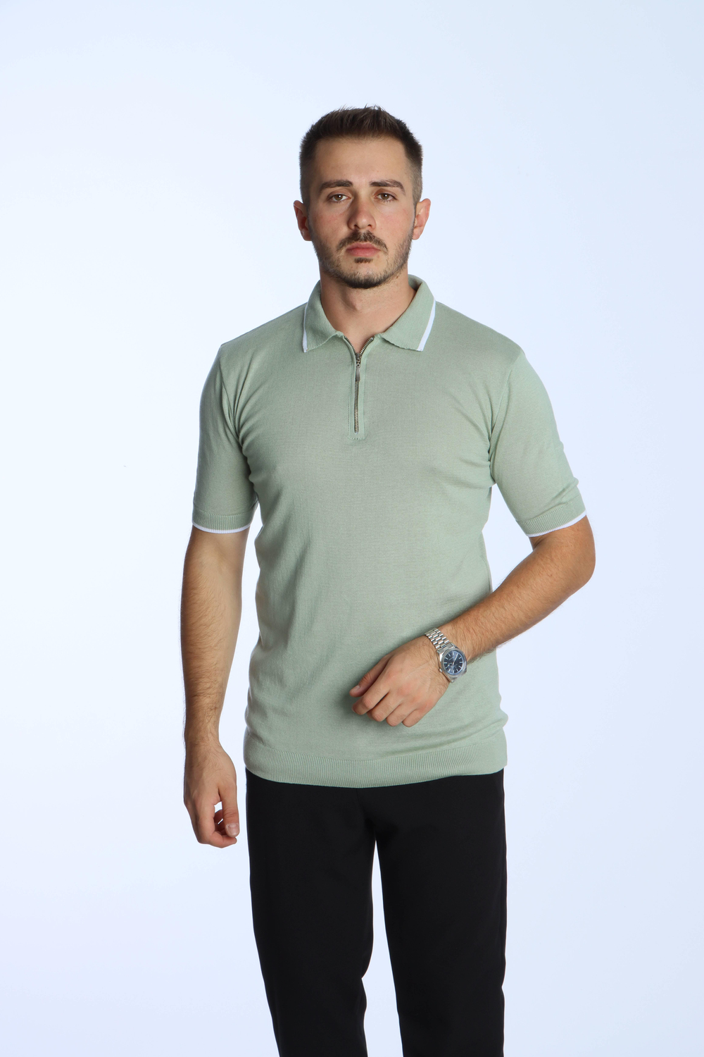 Marco Yakalı Fermuarlı Triko Tshirt Mint Yeşili