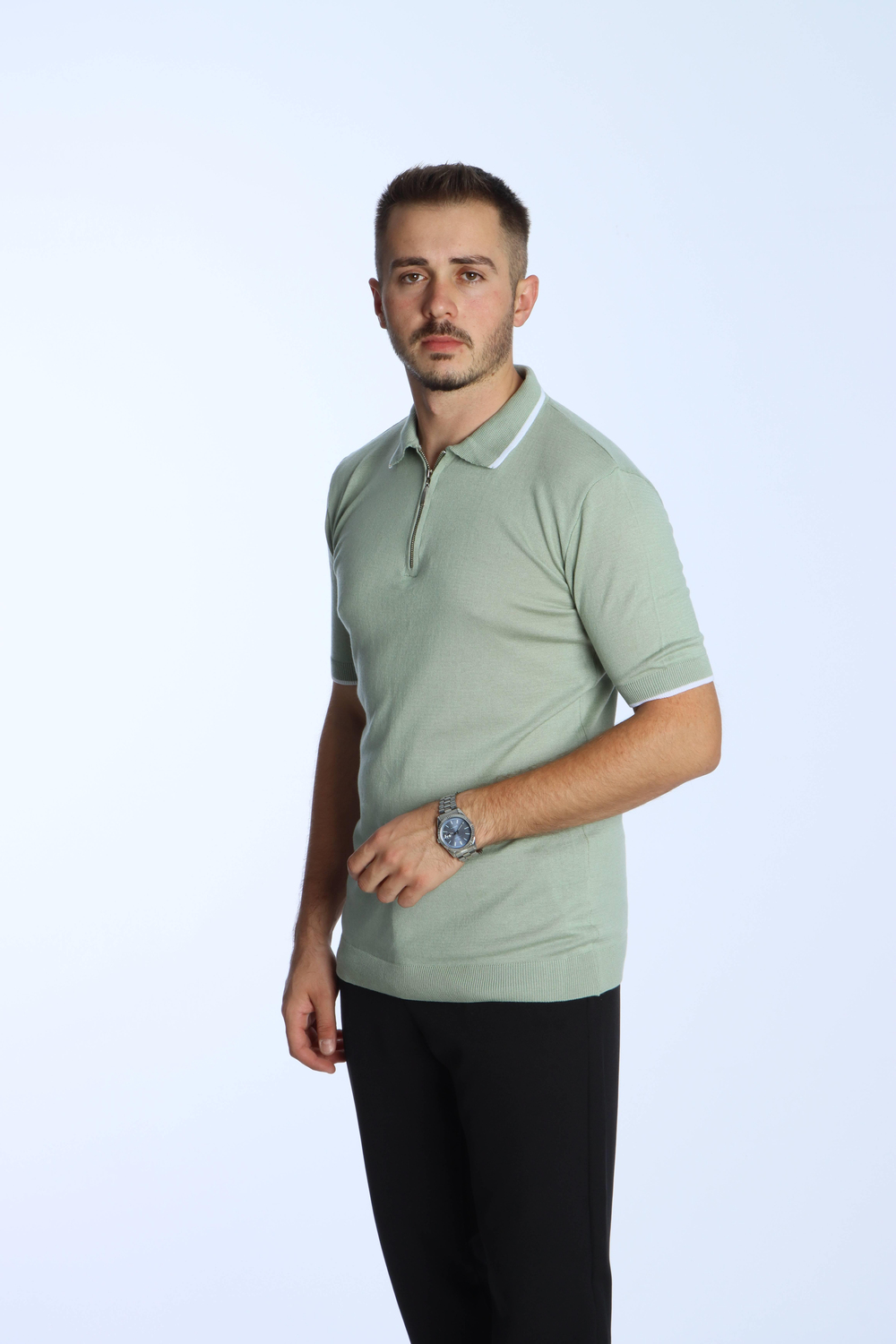 Marco Yakalı Fermuarlı Triko Tshirt Mint Yeşili