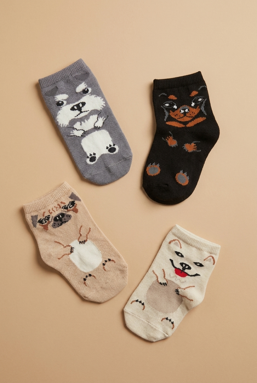 4lü Paket Hayvan Desenli Çocuk Step Çorap Çok Renkli