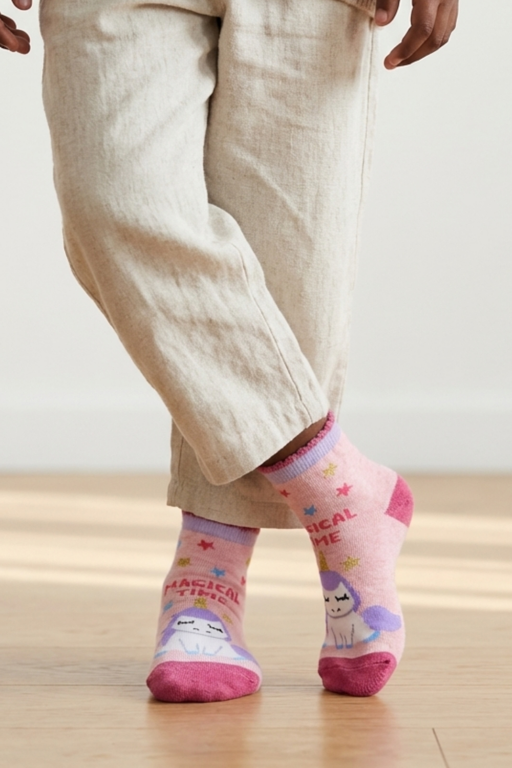 Striped Unicorn Patterned Light Pink Childrens Socks