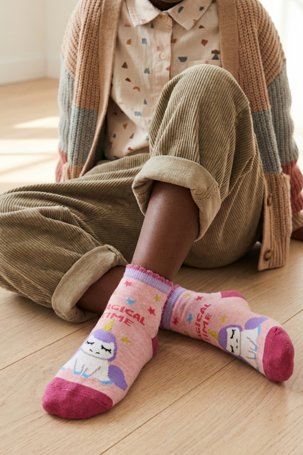 Striped Unicorn Patterned Light Pink Childrens Socks