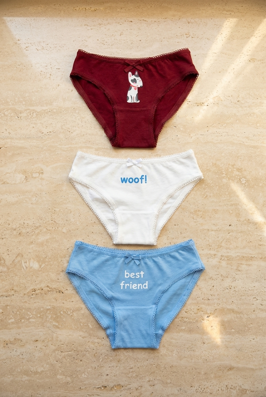 Kız Çocuk 3lü Köpek Desenli Kutulu Slip Kırmızı