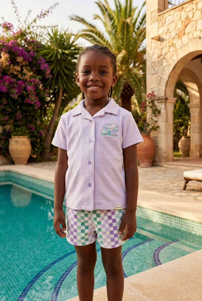Polo Neck Gırl Towel Shorts Set Lilac