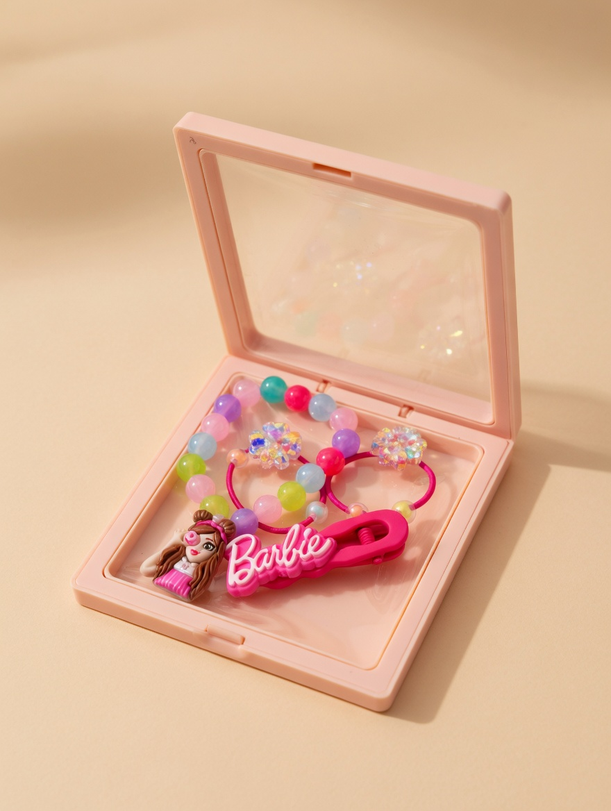 Deniz Kızı Figürlü Plastik Kutulu Toka Seti Koyu Pembe