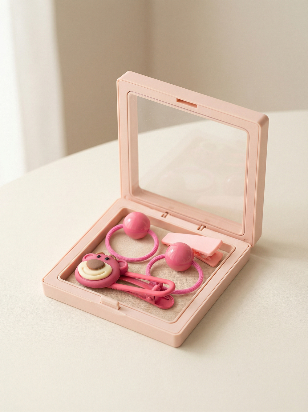 Kız Çocuk 4lü Ayıcıklı Plastik Kutulu Toka Seti  Açık Pembe