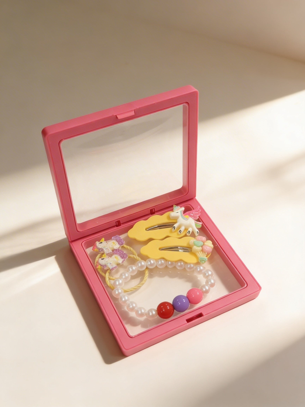 Kız Çocuk 4lü Unicornlu Plastik Kutulu Toka Seti Pembe