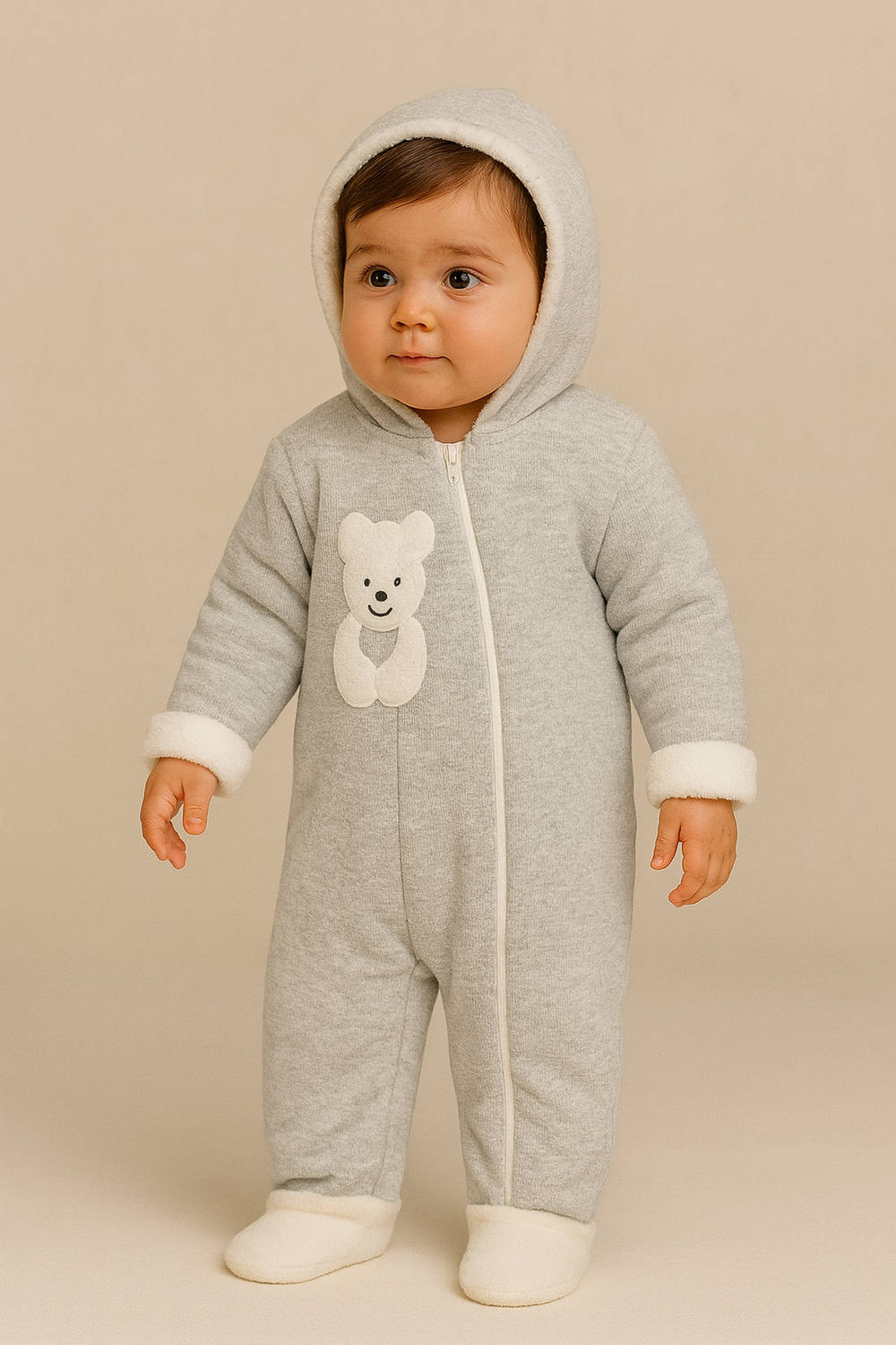 22512G1011 TEDDY KAPÜŞONLU BEBEK TULUM Gri
